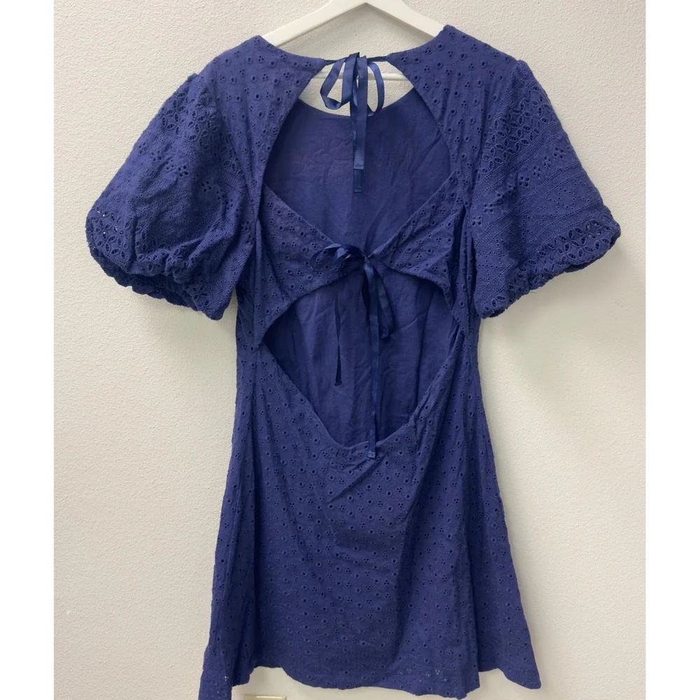 Free People Eyelet Mini Dress Large Navy Blue Open Back Puff‎ Sleeve Cottagecore